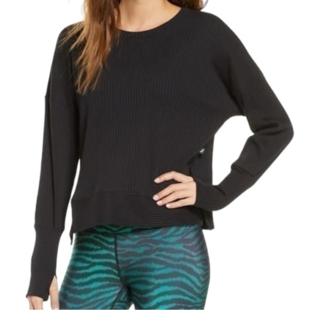 Terez Women’s Size S Black Ribbed Cotton Blend Thumbhole Pullover Sweater